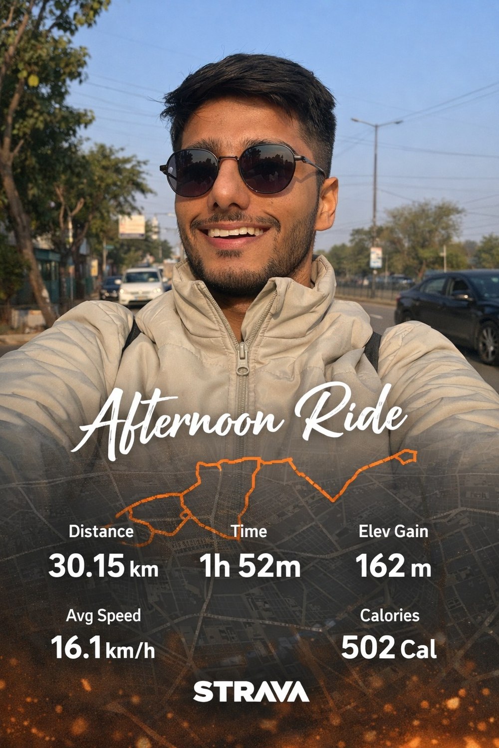 Kanishk on an afternoon cycling ride, Strava activity overlay